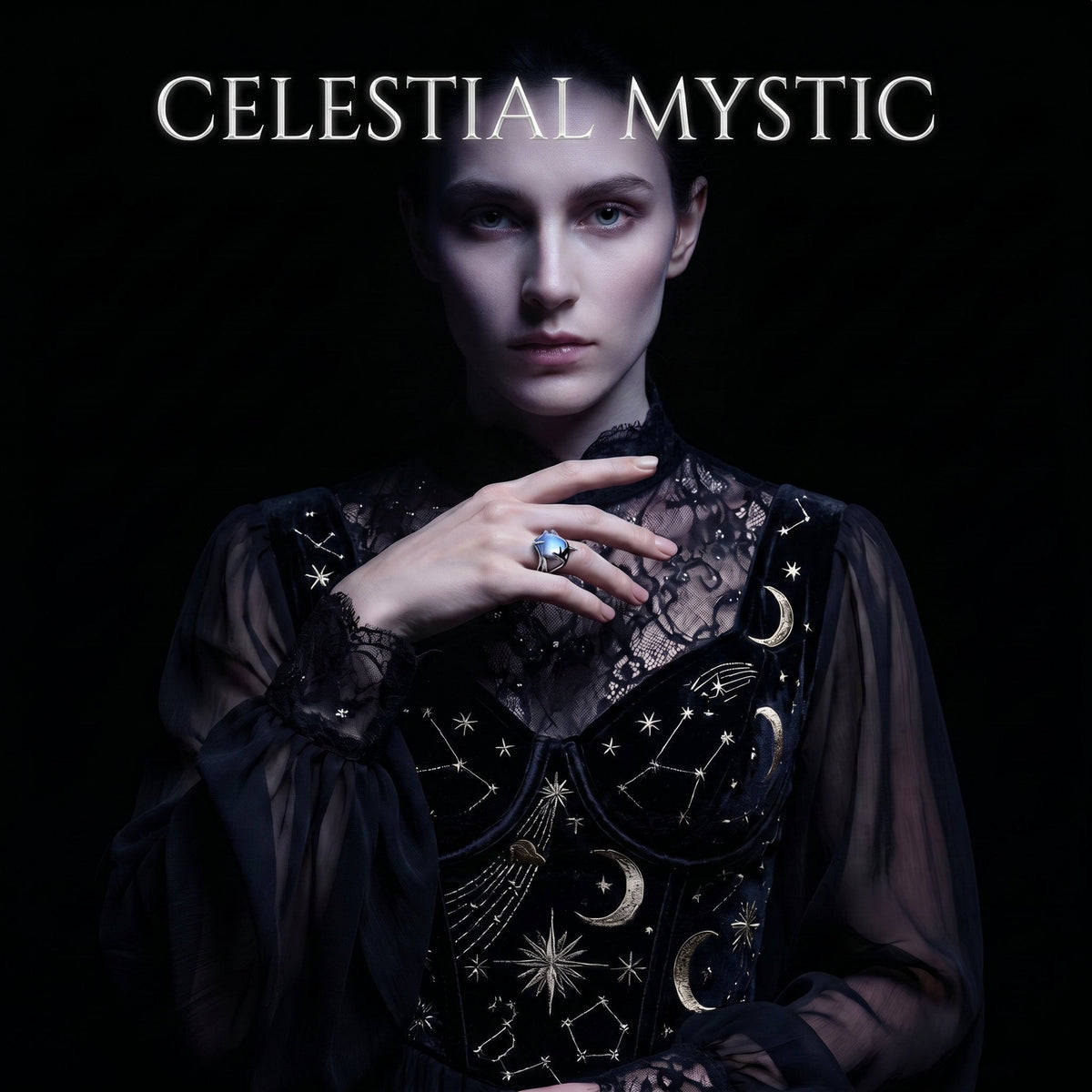 Celestial Mystic collection — moonstone rings, zodiac constellation pendants and dark feminine aesthetic jewelry in oxidized silver by Veilhinge