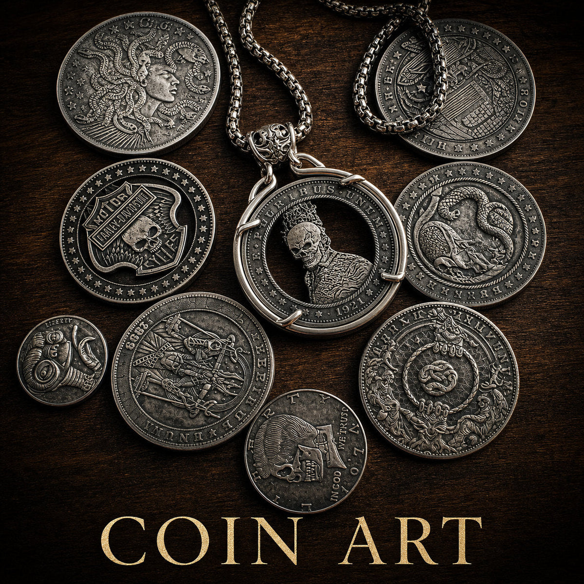 A set of silver-toned coin-style pendant necklaces and medallions arranged on a dark wooden surface, with the text 'COIN ART' at the bottom. The central pendant hangs from a chain and features a circular frame with a skull portrait.