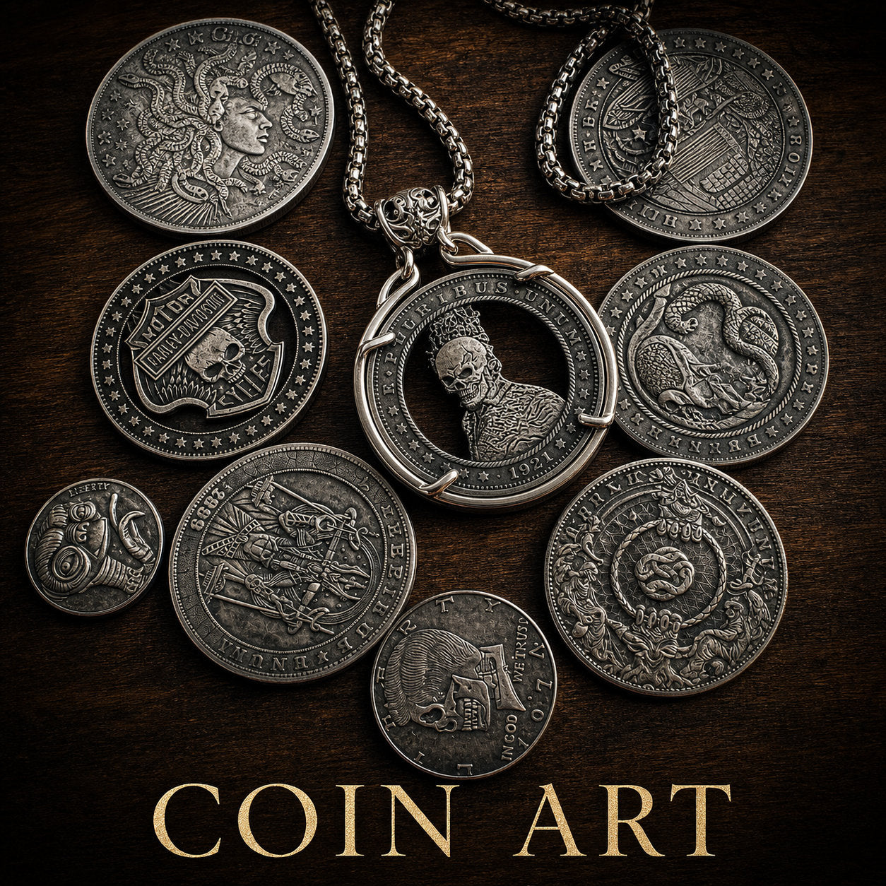 A set of silver-toned coin-style pendant necklaces and medallions arranged on a dark wooden surface, with the text 'COIN ART' at the bottom. The central pendant hangs from a chain and features a circular frame with a skull portrait.