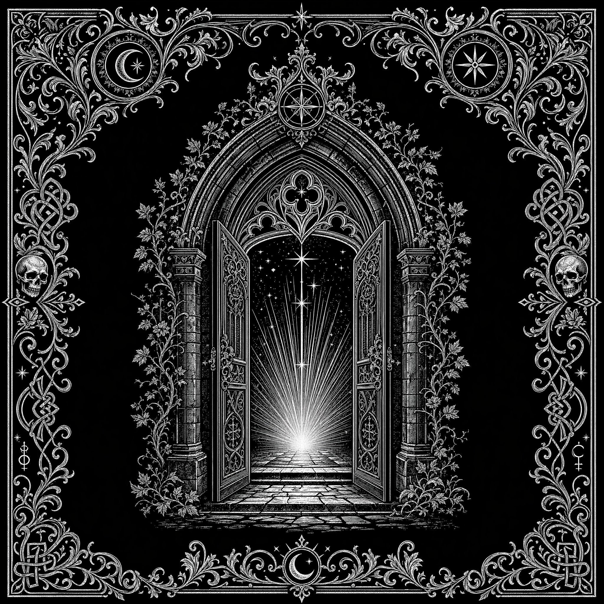 Medieval woodcut style illustration featuring ornate Gothic archway with intricate floral scrollwork and mystical symbols on black background - Veilhinge On Sale collection banner