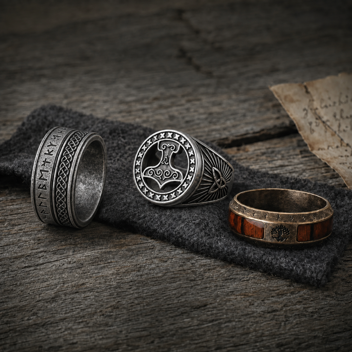 Three Norse-inspired rings displayed on dark fabric over an aged wooden surface