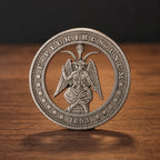 A circular silver-toned coin or medallion featuring a winged goat-headed figure seated in the center, with the text 'E PLURIBUS UNUM' around the edge and '1893' at the bottom, displayed upright on a wooden surface against a dark background.