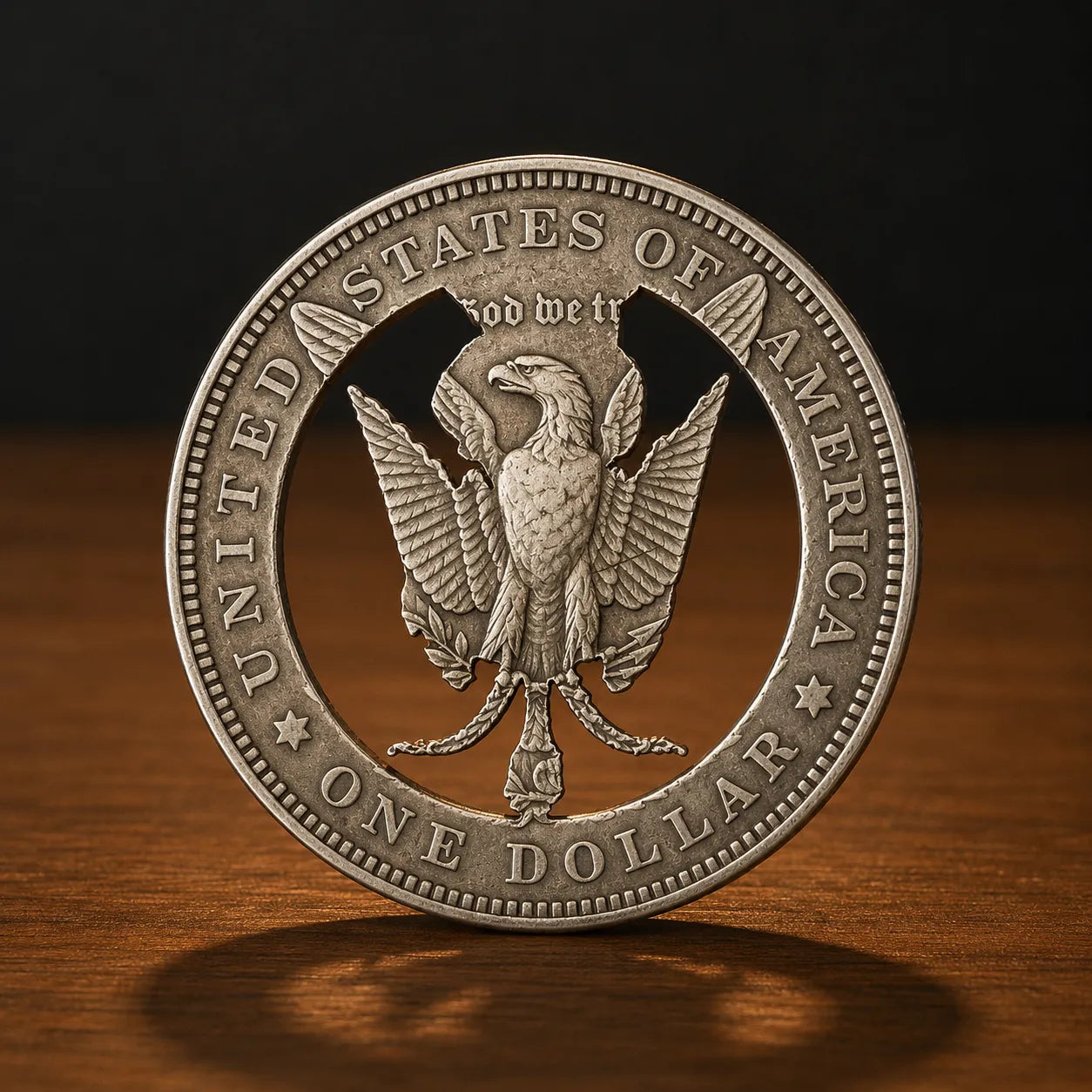 A detailed silver-colored commemorative coin featuring an eagle emblem and the text 'UNITED STATES OF AMERICA' and 'ONE DOLLAR', standing upright on a wooden surface against a dark background.