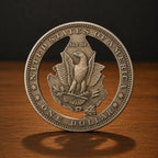 A circular silver-colored novelty coin or medallion featuring an eagle and the text 'United States of America' and 'One Dollar,' standing upright on a wooden surface against a dark background.