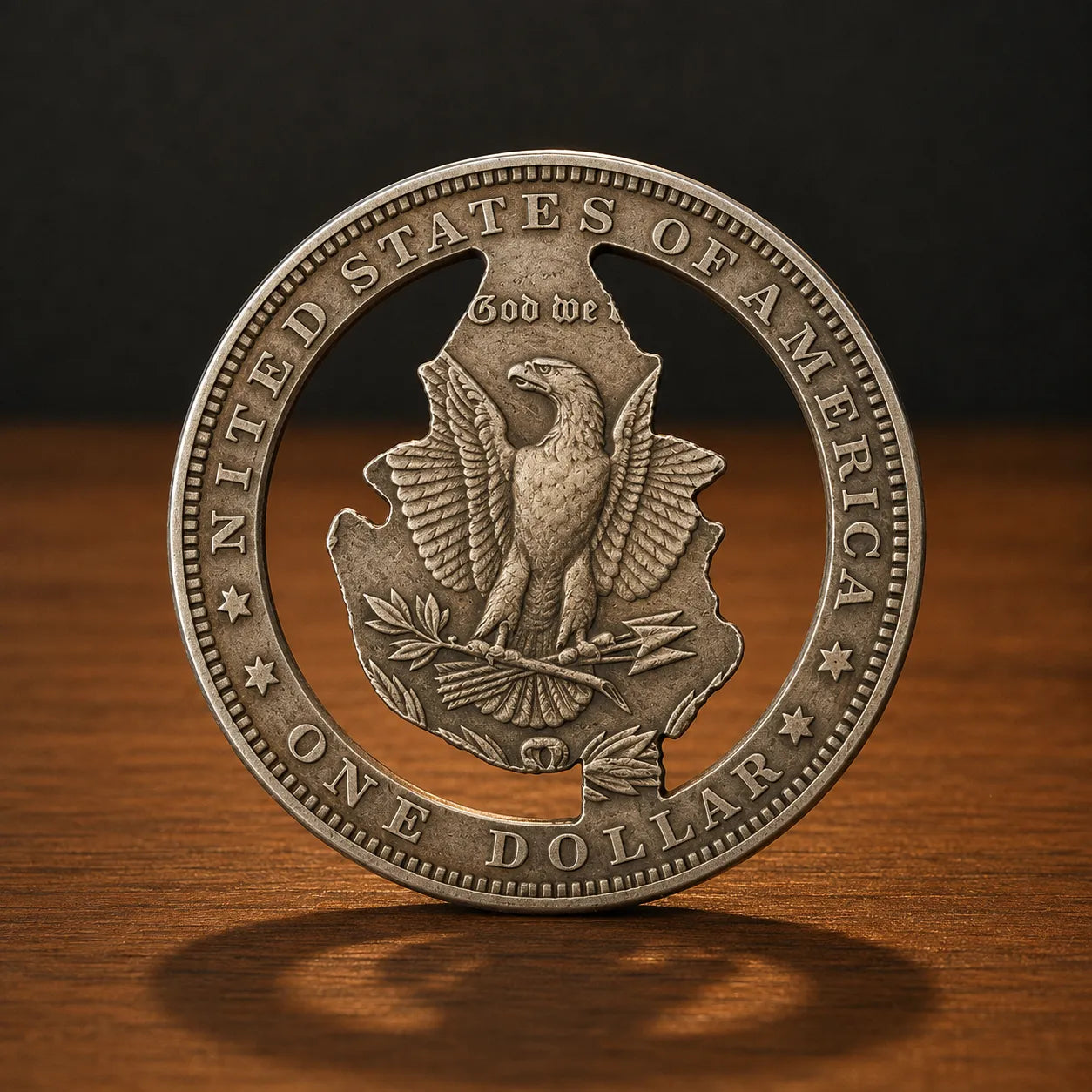 A circular silver-colored novelty coin or medallion featuring an eagle and the text 'United States of America' and 'One Dollar,' standing upright on a wooden surface against a dark background.