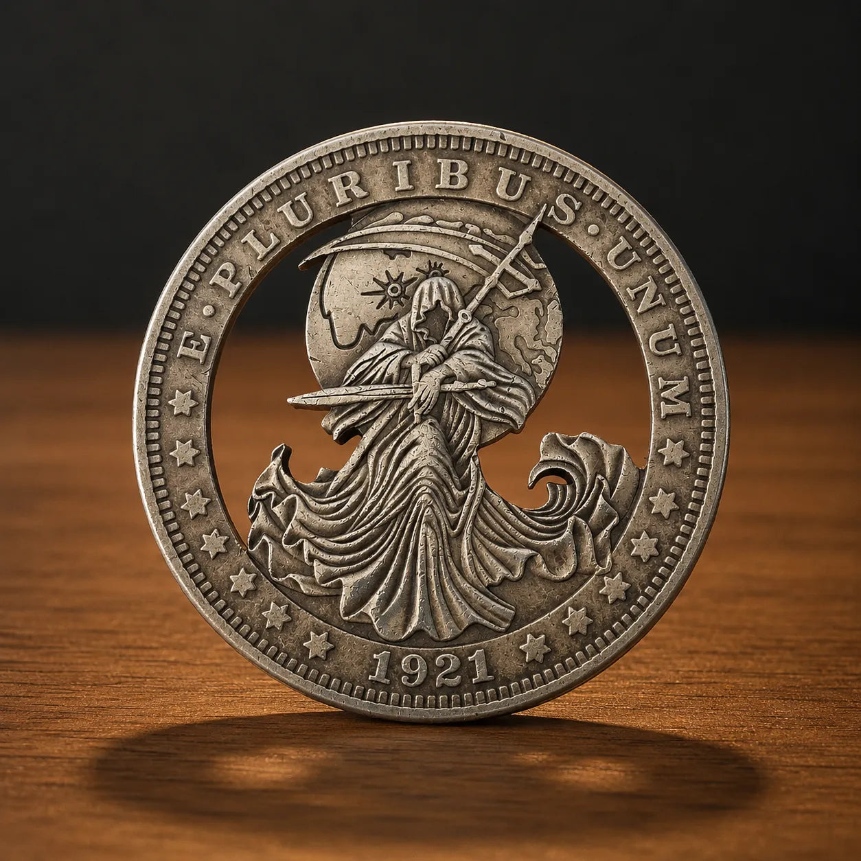 A circular silver-toned commemorative coin or medallion stands upright on a wooden surface against a dark background. The coin features an embossed figure in flowing robes holding a sword, surrounded by stars and the text 'E PLURIBUS UNUM' and '1921'.