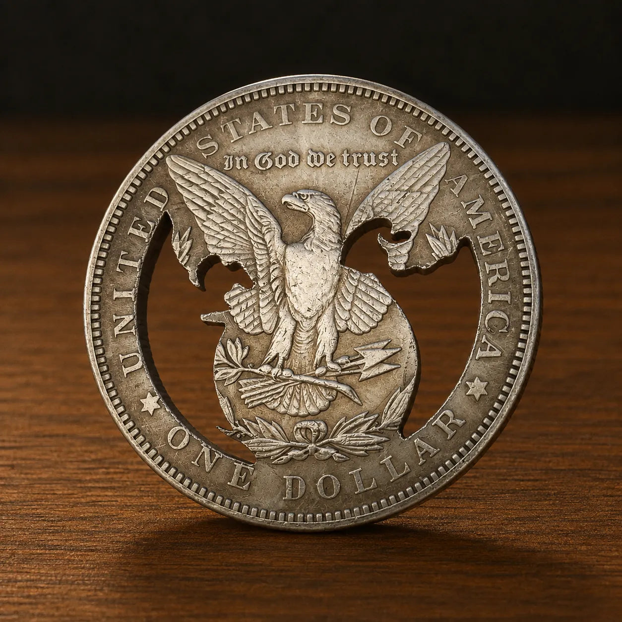 A silver-colored metal coin or medallion with an eagle design and the text 'United States of America' and 'One Dollar,' photographed standing upright on a wooden surface against a dark background.