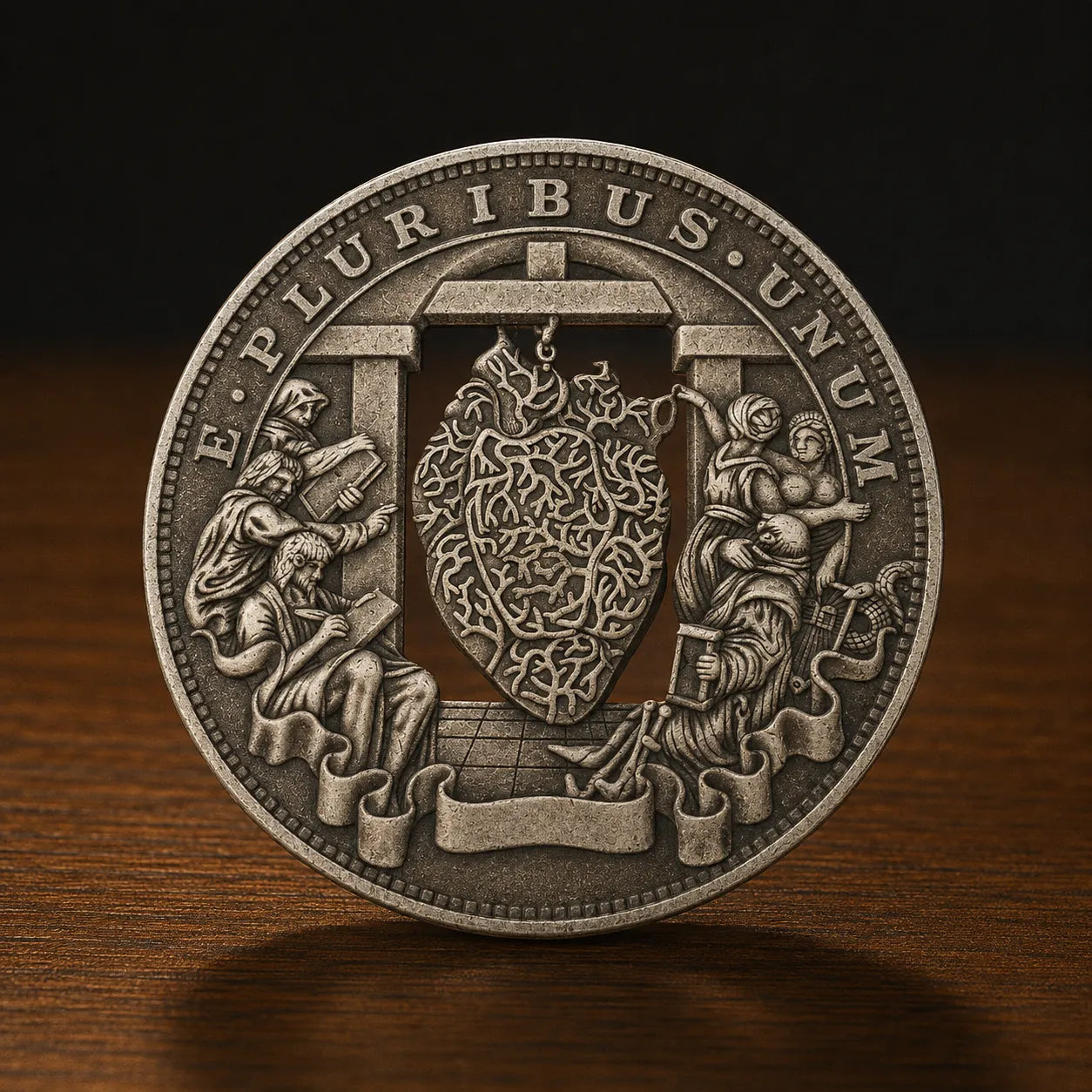 A round silver-toned medallion or coin-like collectible with an embossed classical design, featuring a central shield motif, two human figures in relief, and the text 'E PLURIBUS UNUM' around the edge, photographed standing on a wooden surface against a dark background.
