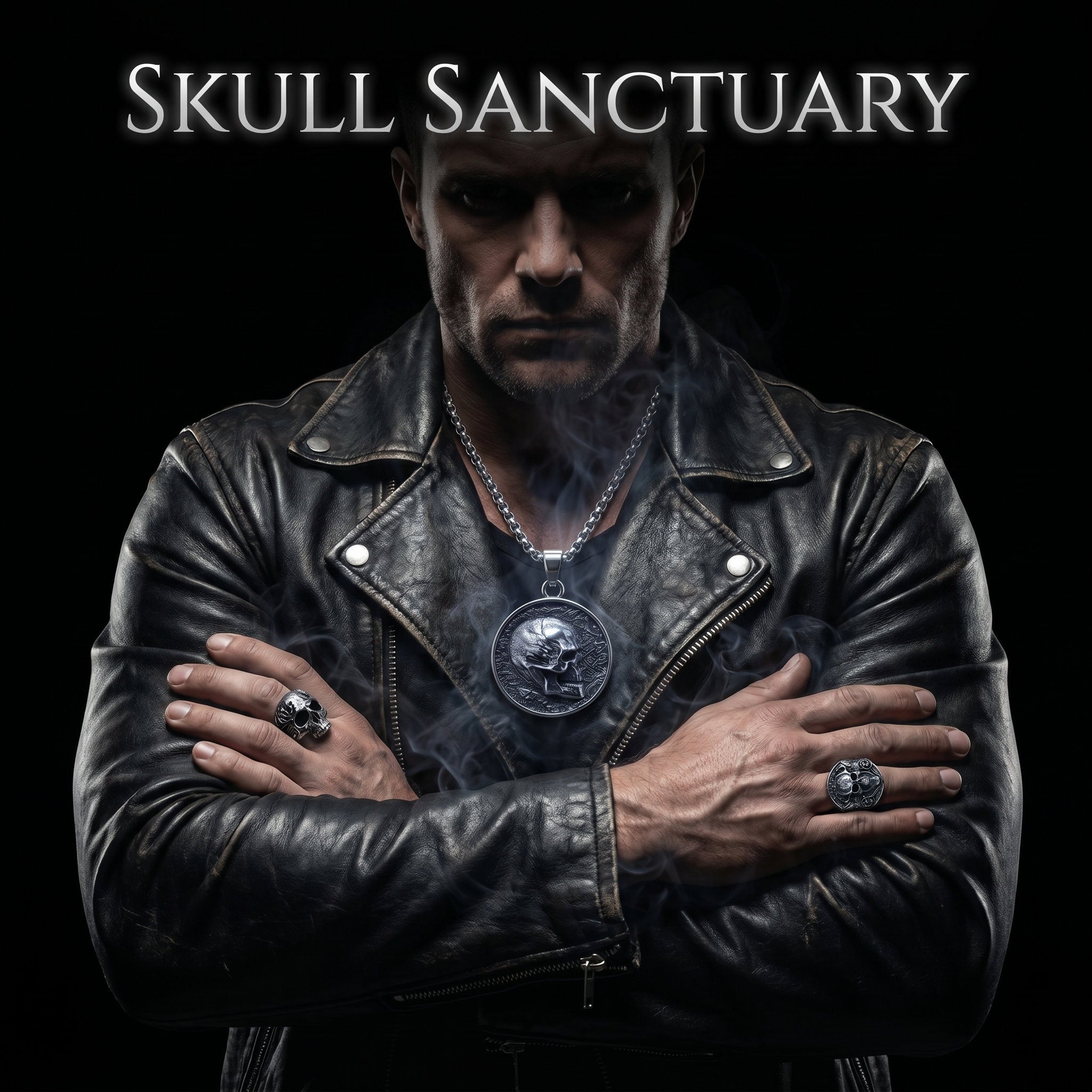 Skull Sanctuary collection banner - Biker wearing gothic skull medallion pendant with dark mysterious atmosphere