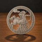 A circular silver-toned coin or medallion featuring a detailed cutout design of a lion-like beast with a bow and flames, displayed upright on a wooden surface against a dark background.