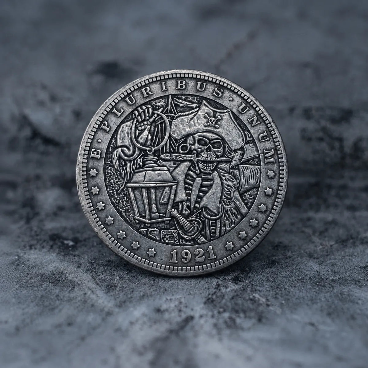 Skeleton pirate captain lantern coin pendant, coin only variant