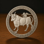 A circular silver-toned metal plaque featuring a detailed relief of a bull with a figure riding it, displayed on a dark wooden surface against a dark background.