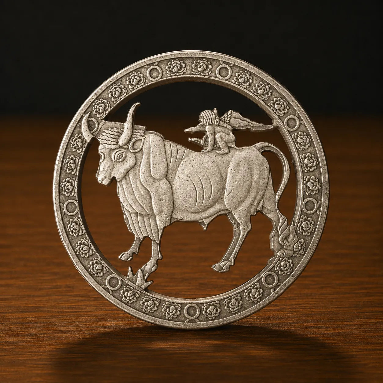 A circular silver-toned metal plaque featuring a detailed relief of a bull with a figure riding it, displayed on a dark wooden surface against a dark background.