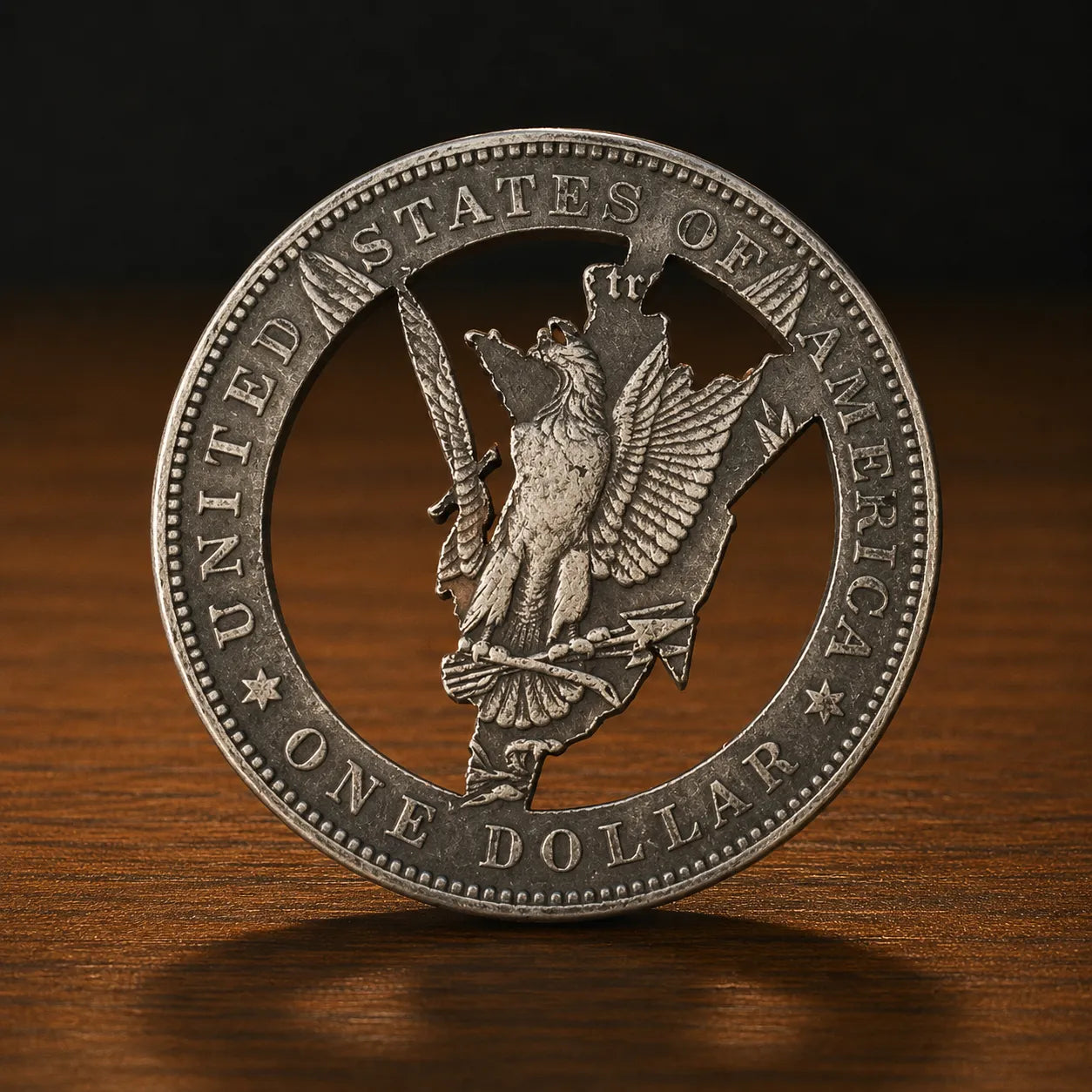 A detailed silver-colored United States one dollar coin standing upright on a polished wooden surface against a dark background.