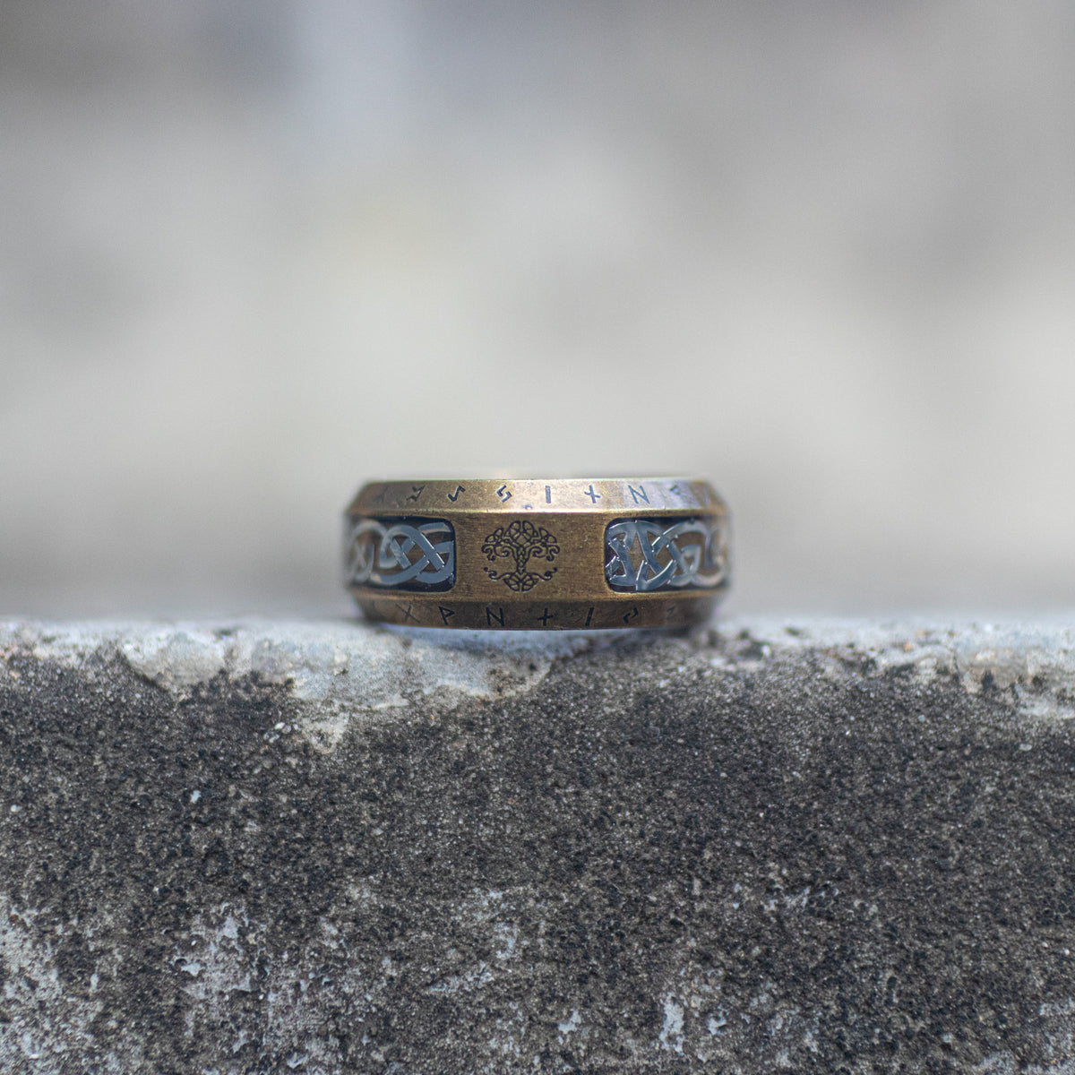 Antique gold-tone Viking rune band ring with a tree symbol and Celtic knot details Main image