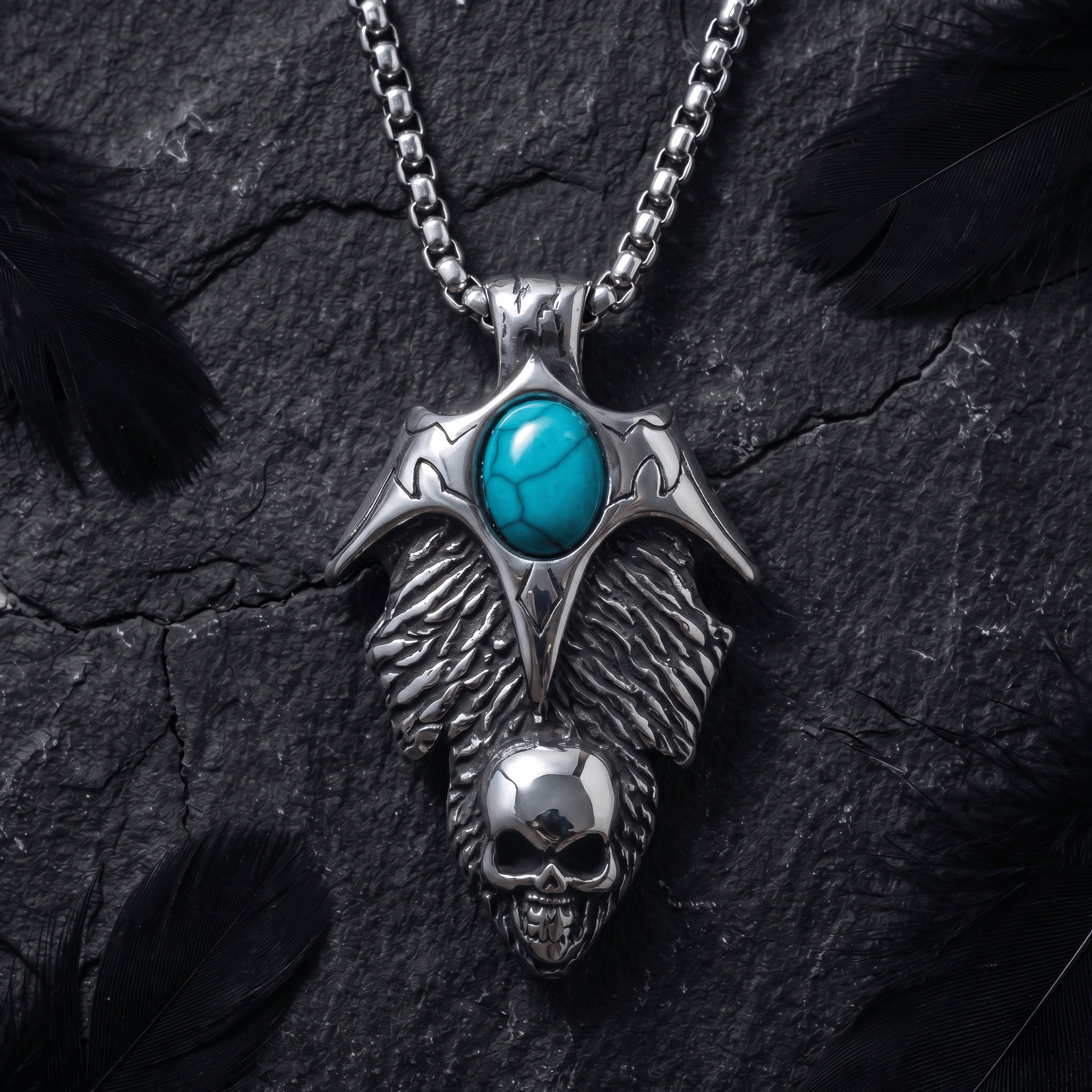 skull wings pendant necklace antique silver turquoise Main image