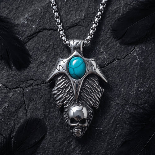 skull wings pendant necklace antique silver turquoise