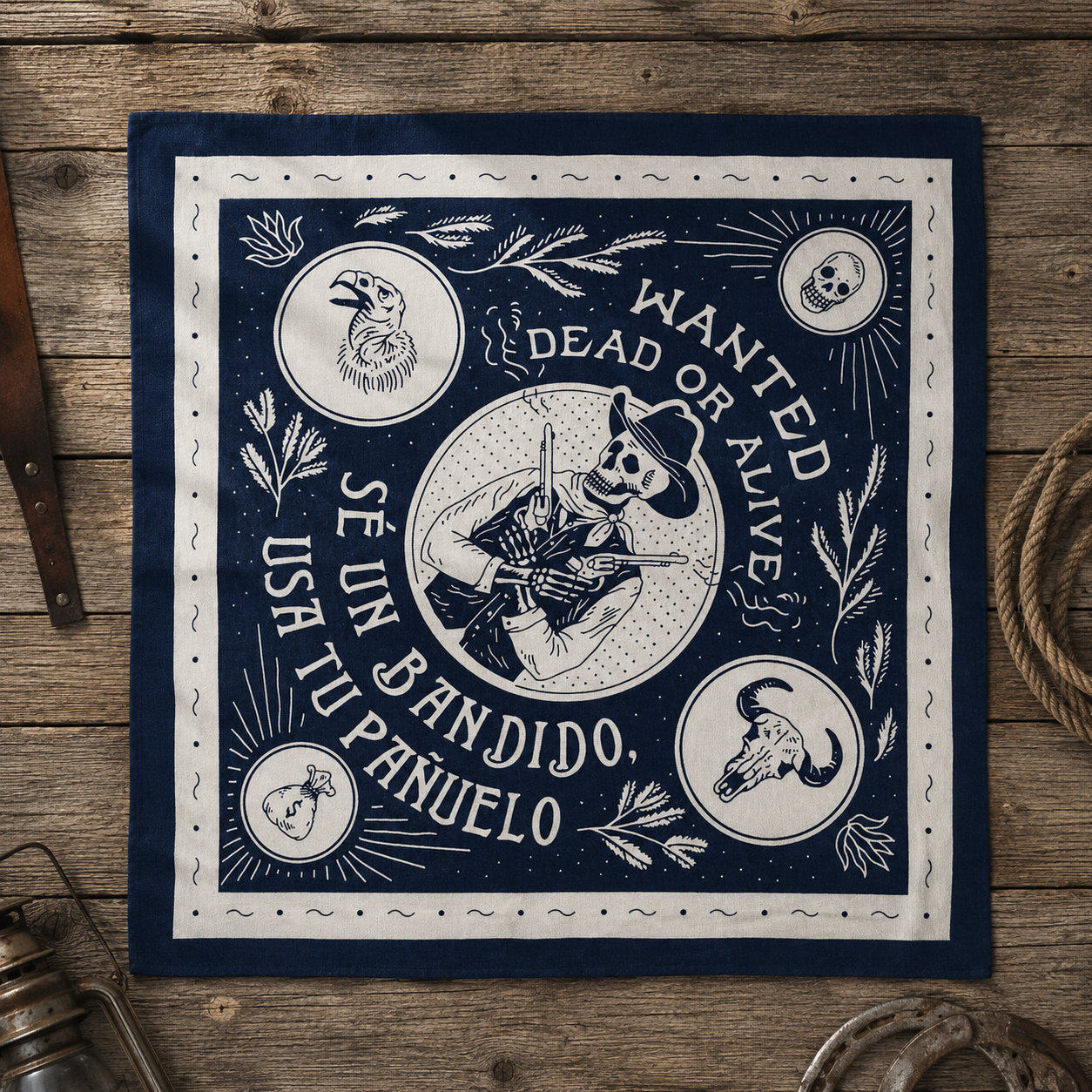Navy blue bandana laid flat on a wooden surface showing white line-art of a skeleton cowboy on horseback surrounded by circular medallions with a raven, skull, and bull head, with the text Wanted Dead or Alive and Se Usa Un Bandido Tu Pañuelo