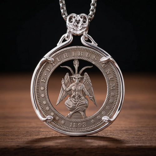 Silver cutout coin pendant necklace featuring an engraved Baphomet figure with wings and torch, inscribed "E Pluribus Unum 1893" in a hobo nickel style
