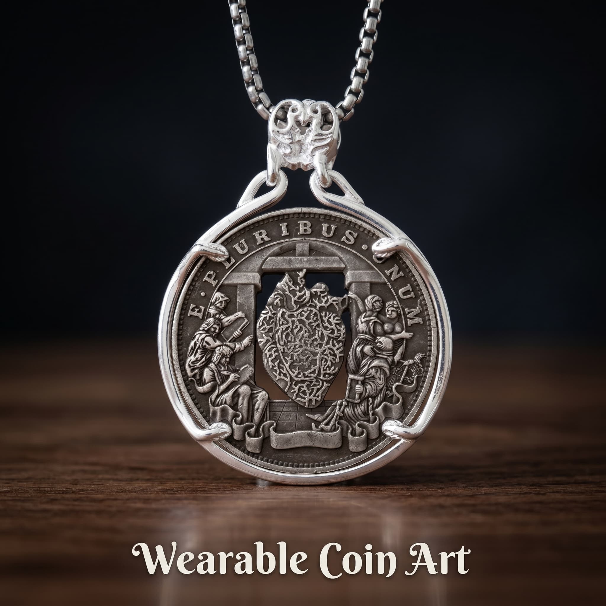 baroque coat of arms coin pendant — heraldic shield with flanking figures engraved on replica coin in open circular silver frame, skull bail on box chain Main image