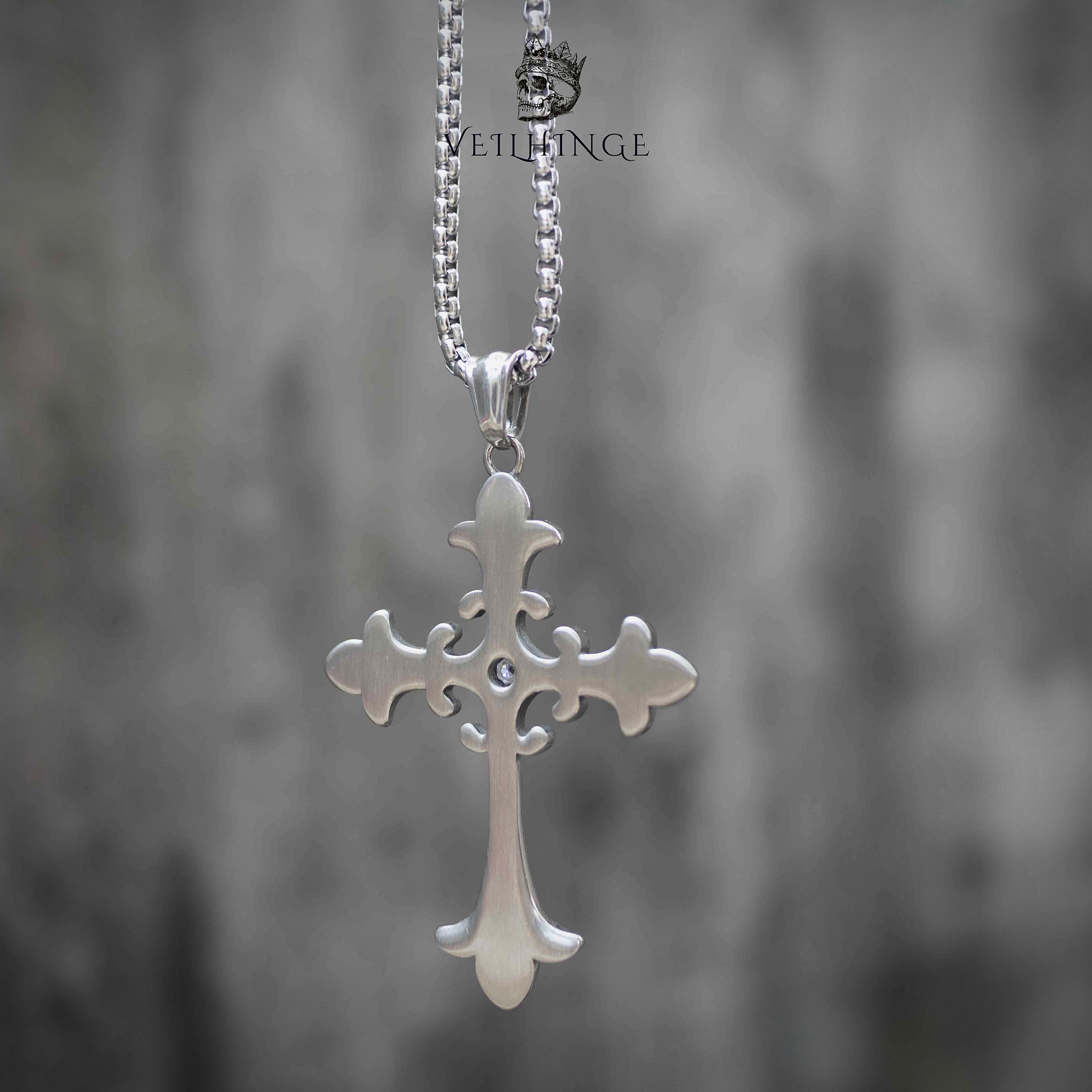 Gothic Cross Pendant with Crystal – Antique Silver Fleur-de-Lis Necklace Secondary image