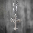 Baroque fleur cross pendant necklace matte finish, open cutout scrollwork design with center crystal, polished silver, gothic alternative necklace