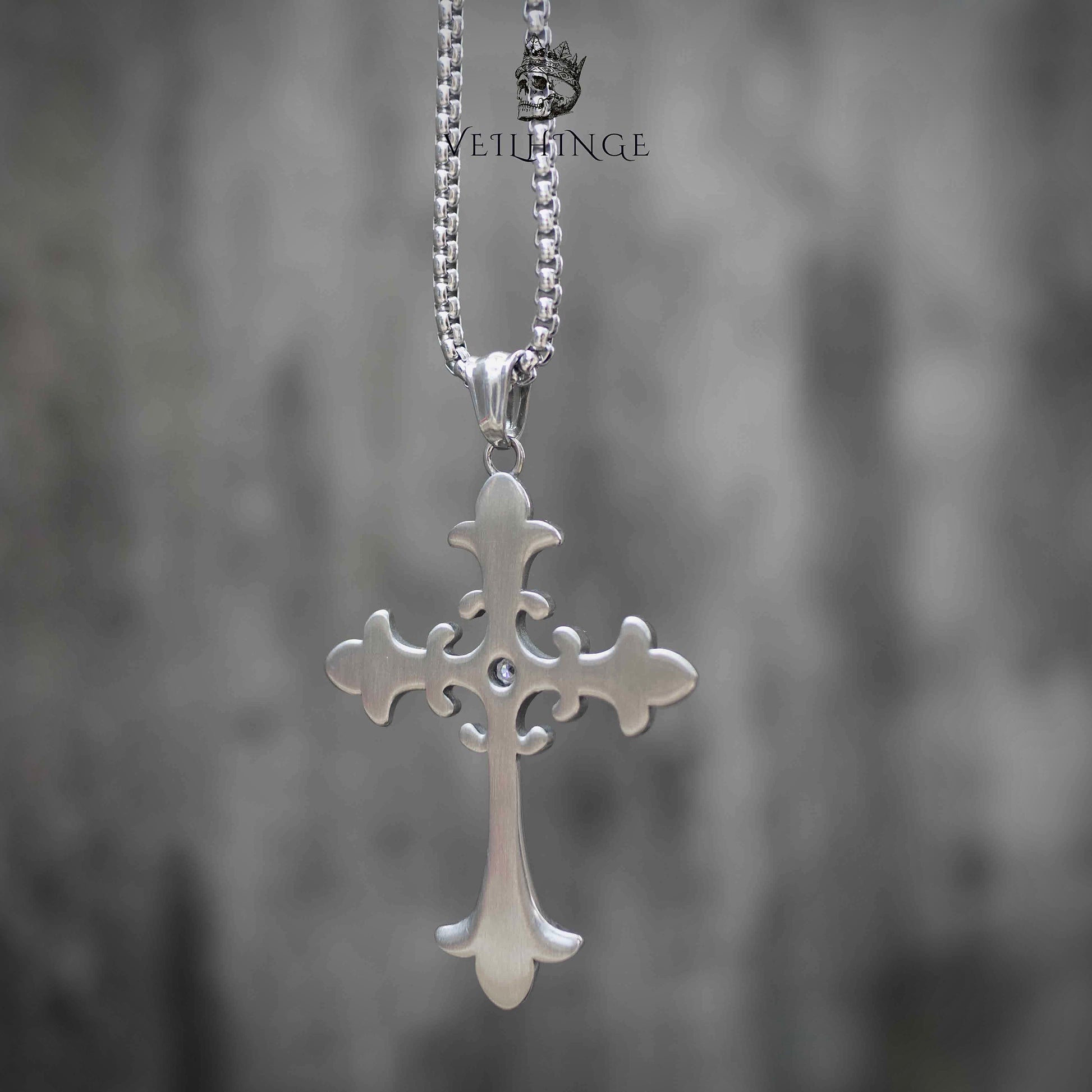 Baroque fleur cross pendant necklace matte finish, open cutout scrollwork design with center crystal, polished silver, gothic alternative necklace