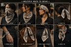 Eight-panel styling guide showing a white western bandana worn as a face cover, neck scarf, headband, hair tie, wrist wrap, bag accessory, belt tuck, and neck tie, modeled by a woman in black western clothing against a frontier town backdrop