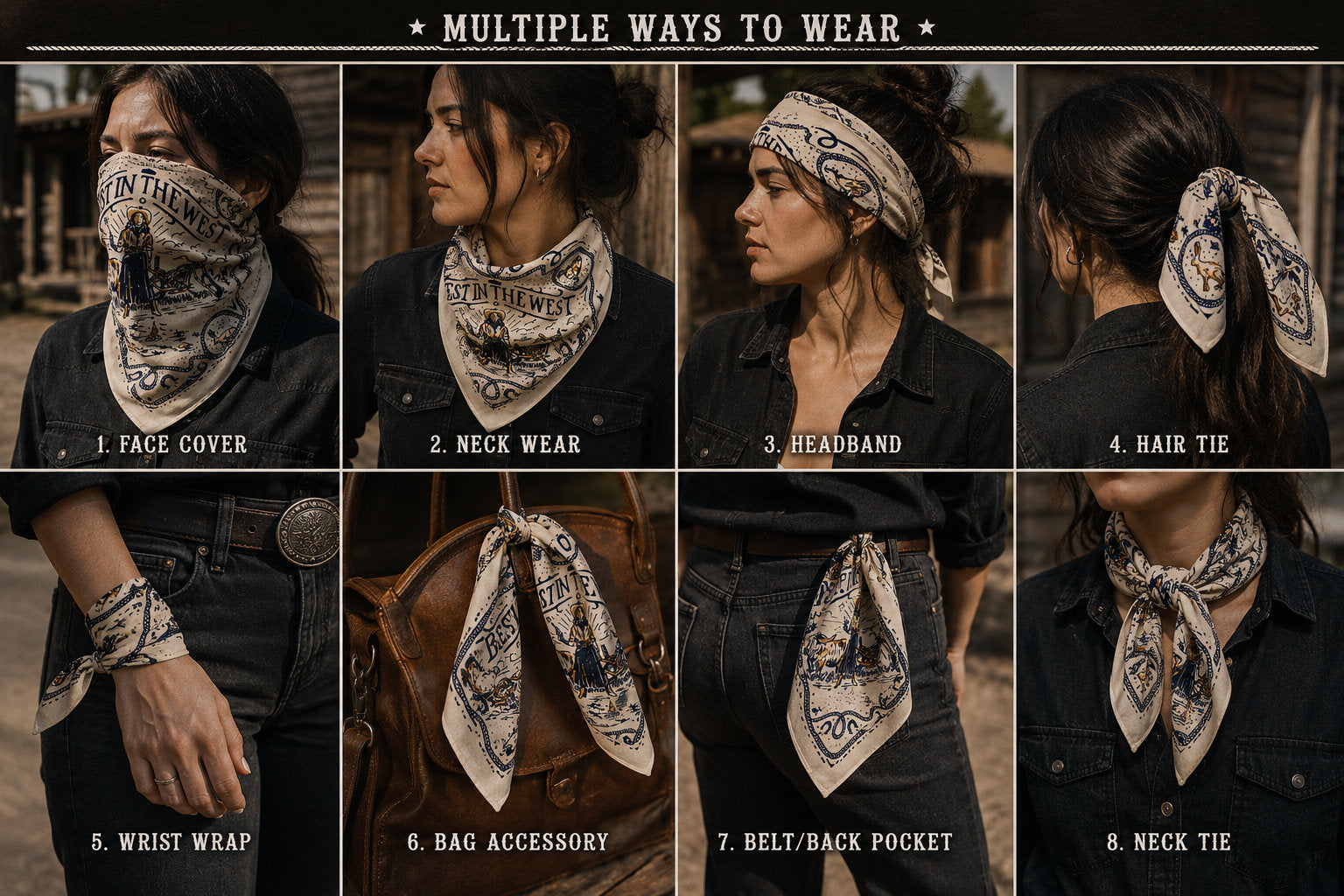Eight-panel styling guide showing a white western bandana worn as a face cover, neck scarf, headband, hair tie, wrist wrap, bag accessory, belt tuck, and neck tie, modeled by a woman in black western clothing against a frontier town backdrop