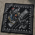 Black bandana laid flat showing a skull riding a motorcycle with compass border and text reading Brotherhood, Perseverance, American Made