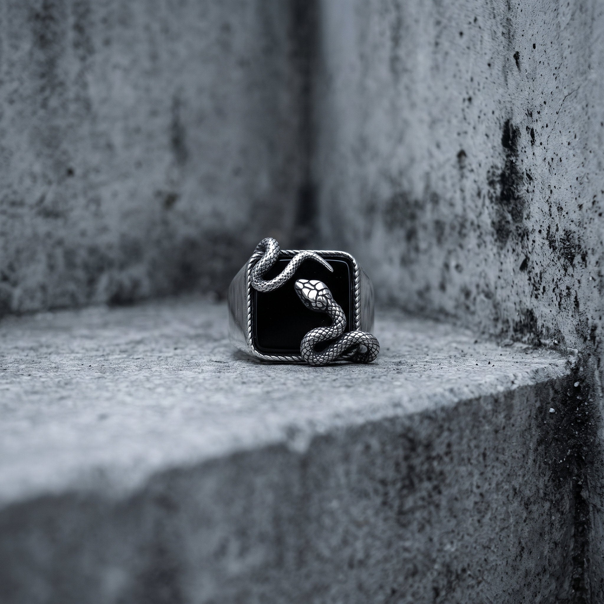 Black Onyx Coiled Snake Signet Ring – Serpent Gothic Dark Aesthetic Secondary image