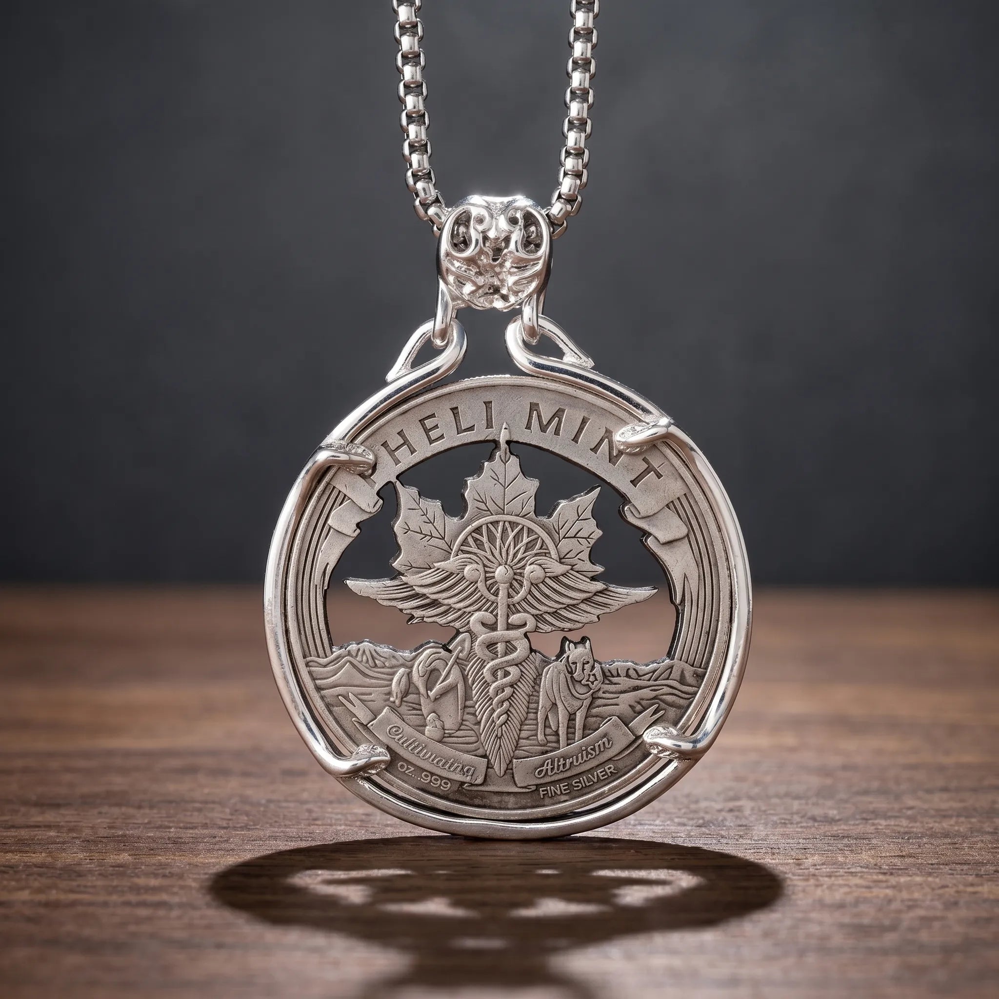 caduceus wolf coin pendant necklace — winged caduceus with double serpents, wolf and maple leaf landscape, Cultivating Altruism banner inscription, four-prong open frame, ornate skull bail, antique silver tone, dark wood surface