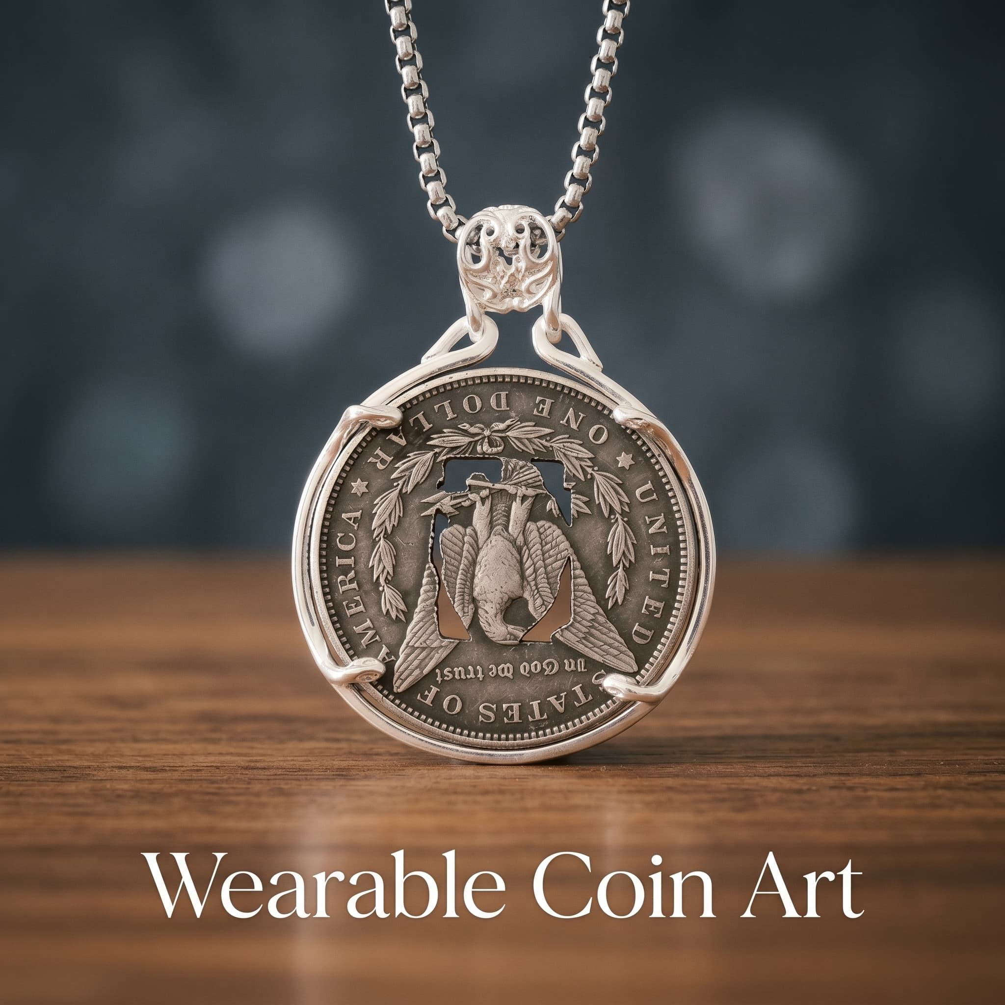coin art pendant reverse side — Morgan dollar eagle motif with United States of America inscription in four-prong circular silver mount, skull bail
