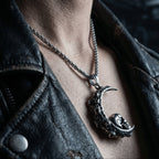 crescent moon skull necklace worn on neck dark gothic aesthetic stainless steel jewelry