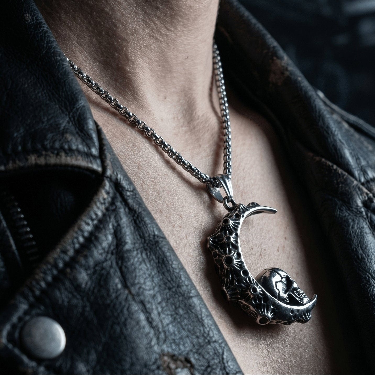 crescent moon skull necklace worn on neck dark gothic aesthetic stainless steel jewelry