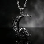 crescent moon skull pendant necklace antique silver stainless steel gothic lunar jewelry