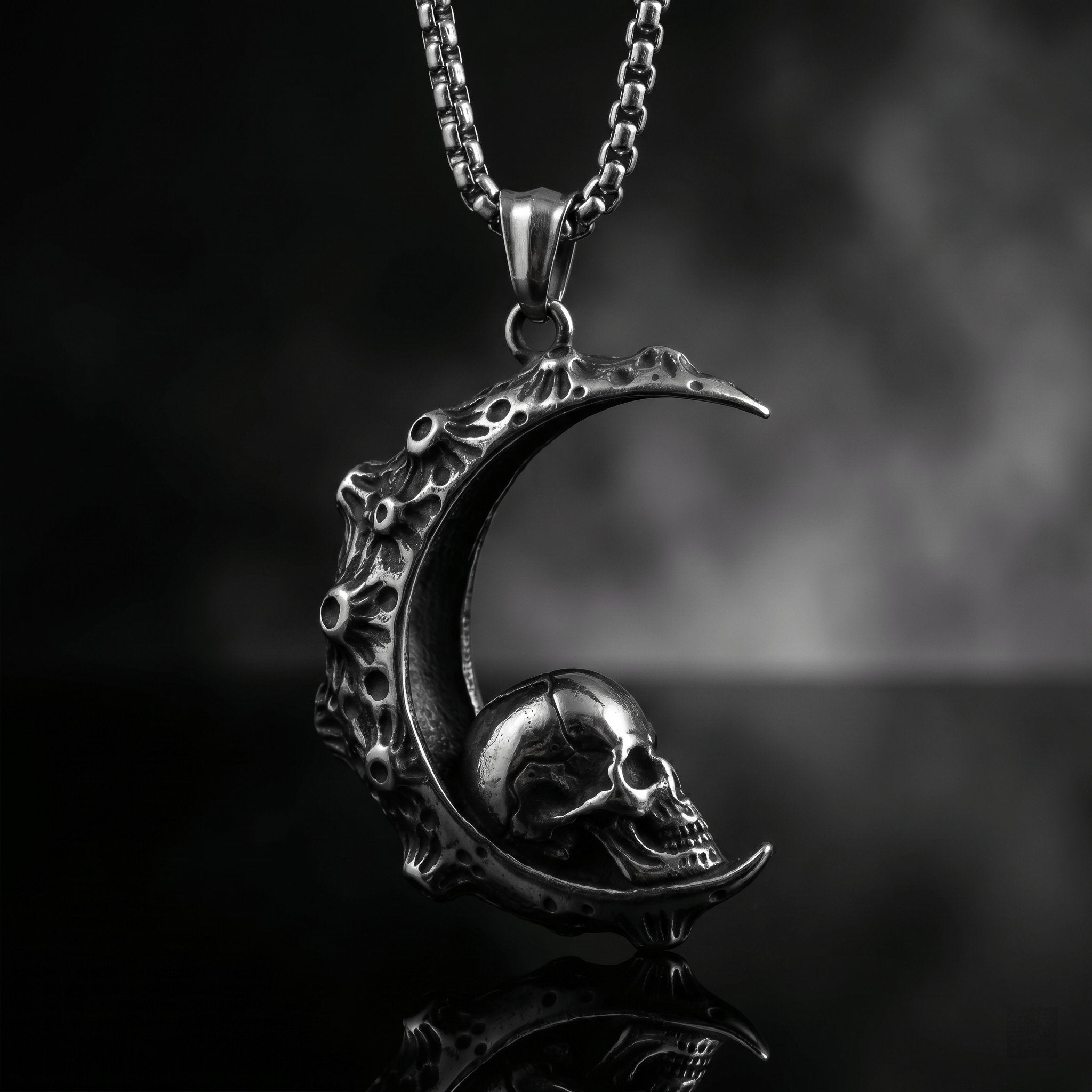 crescent moon skull pendant necklace antique silver stainless steel gothic lunar jewelry