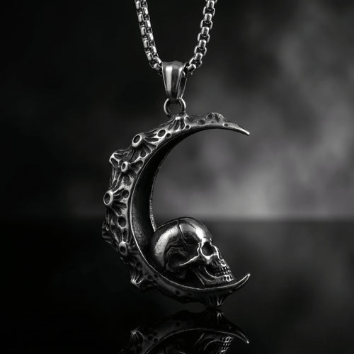 crescent moon skull pendant necklace antique silver stainless steel gothic lunar jewelry