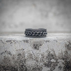 Cuban link chain band ring with oxidized antique silver finish and milgrain serrated border in stainless steel, gothic dark aesthetic biker ring by Veilhinge, front view