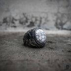 Dark aesthetic signet ring with white howlite stone and tribal engraving, oxidized stainless steel, Veilhinge