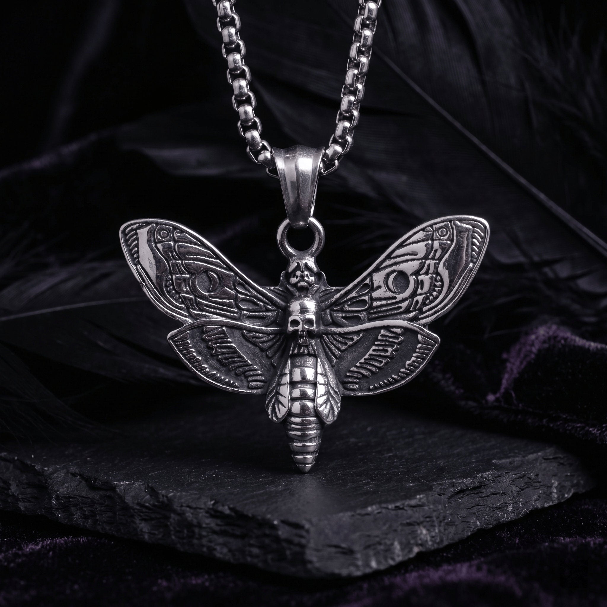 death moth pendant necklace antique silver gothic jewelry
