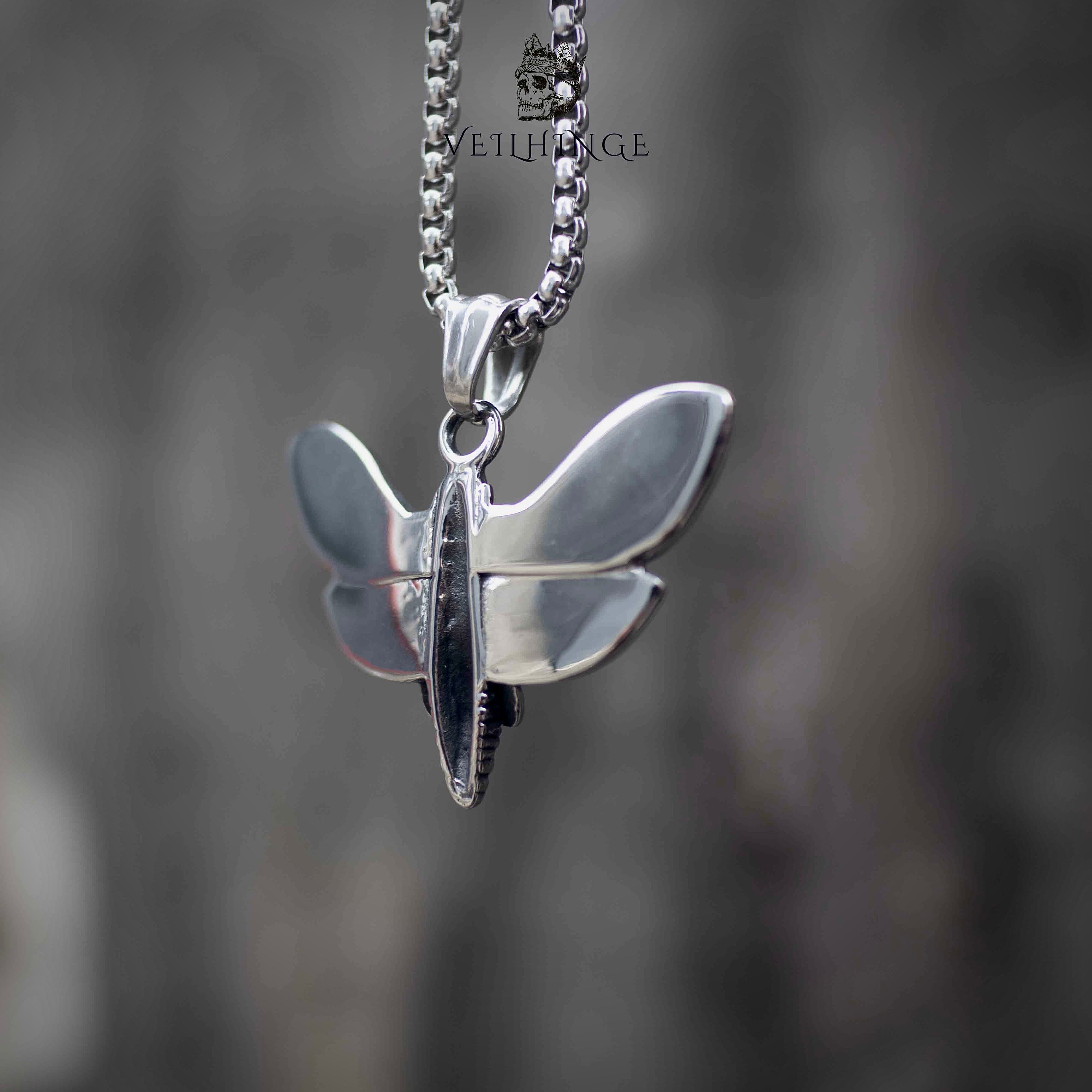 Death's head moth pendant necklace back view, smooth polished wing reverse, oxidized silver gothic necklace, dark aesthetic alternative jewelry