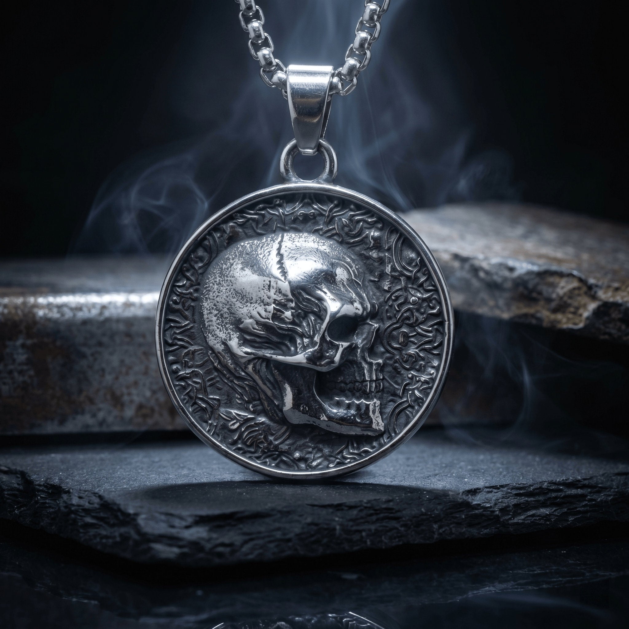 front view skull pendant necklace detailed carving antique silver gothic style jewelry Main image