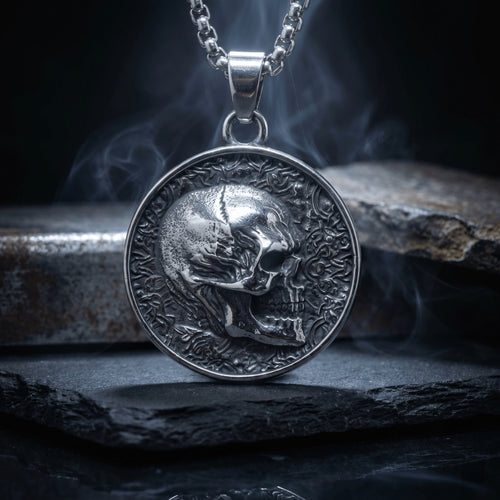 front view skull pendant necklace detailed carving antique silver gothic style jewelry