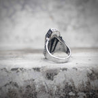 Dracula coffin ring back view showing coffin shaped face profile and polished stainless steel band, vampirecore dark aesthetic gothic ring by Veilhinge