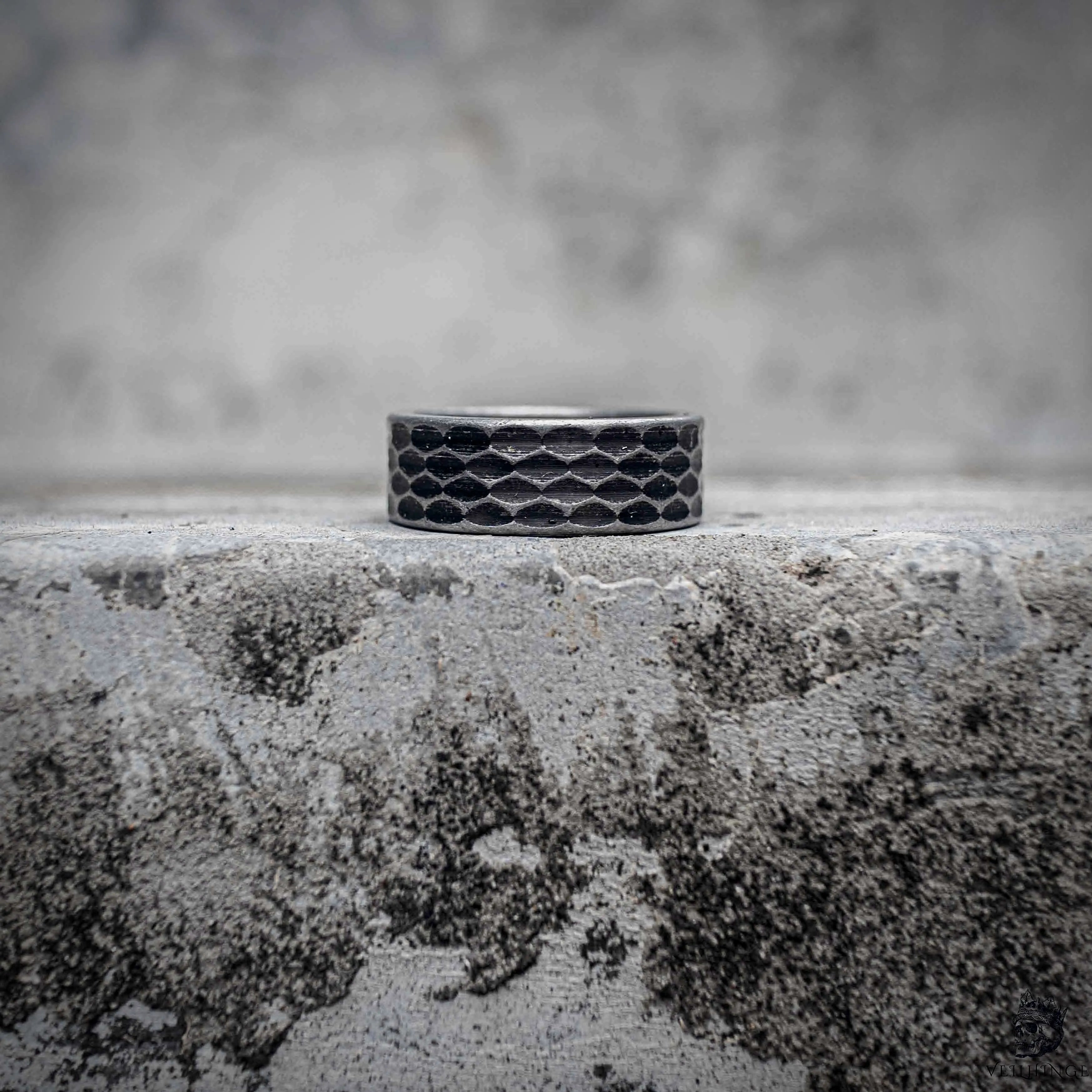 Dragon scale band ring with three-row fish scale texture in oxidized black stainless steel, dark aesthetic gothic ring with polished silver rim by Veilhinge, front view Main image
