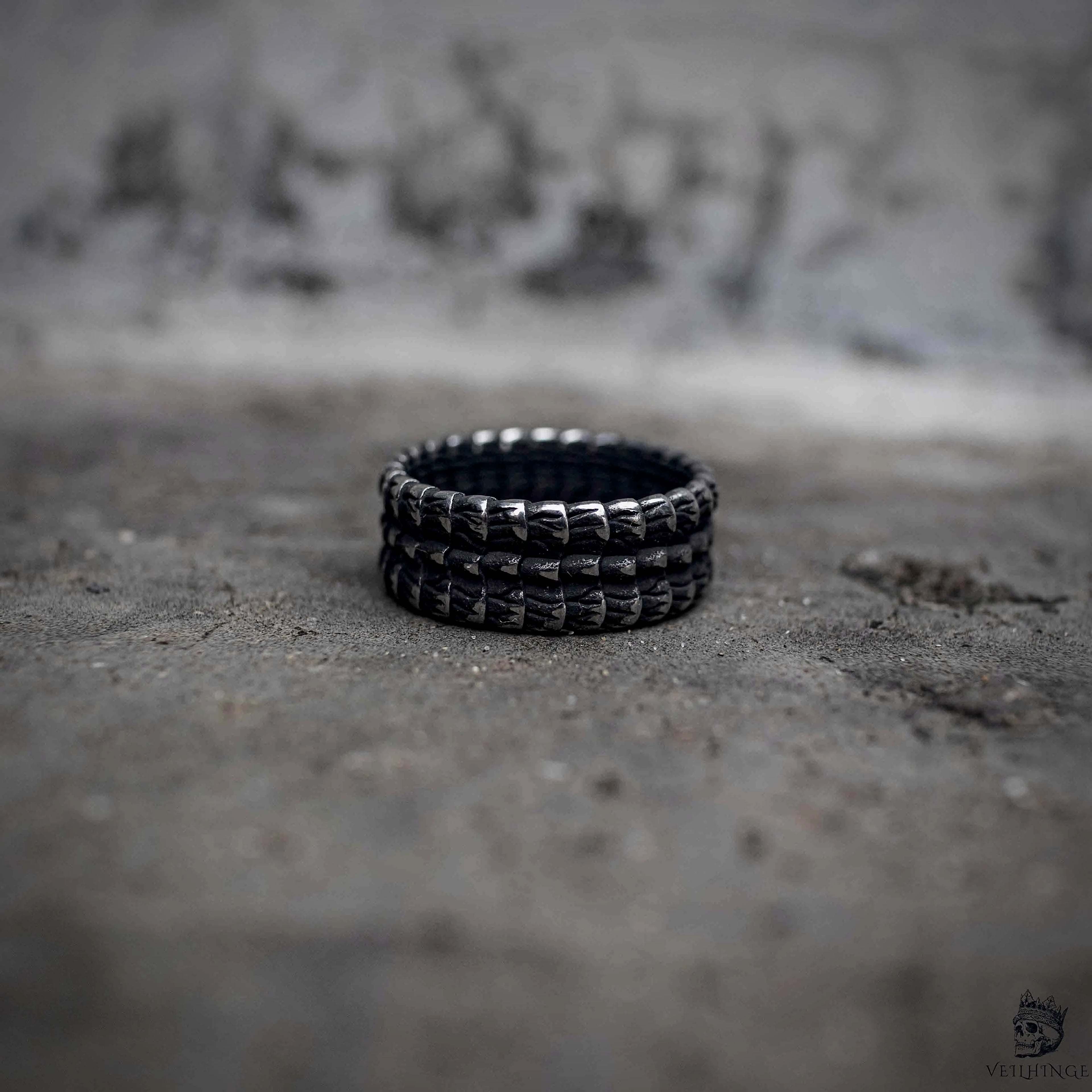 Dragon scale band ring flat lay in oxidized black stainless steel, dark aesthetic gothic ring by Veilhinge, top view