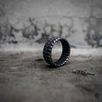Gothic dragon scale wide band ring upright view showing full texture, oxidized black stainless steel dark aesthetic jewelry by Veilhinge