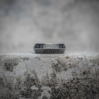 Elder Futhark rune ring with double row Norse rune engraving on sandblasted antique silver stainless steel, minimalist Viking dark aesthetic band ring by Veilhinge, front view