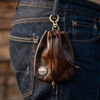 Dark brown genuine leather drawstring pouch with Buffalo Nickel coin medallion and brass swivel clip